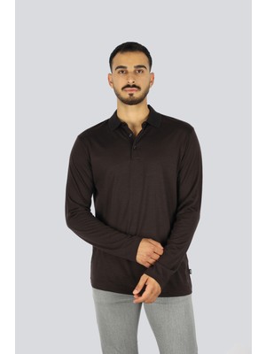 Boss Erkek Normal Kalıp Uzun Kollu %100 Yün Triko Kahverengi Polo Yaka T-Shirt 50549317-202