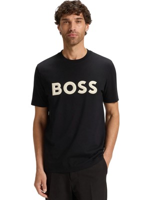 Boss Erkek %100 Pamuklu Yuvarlak Ribana Yakalı Logo Baskılı Kısa Kollu Siyah T-Shirt 50548411-001