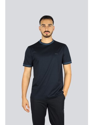Boss Erkek Bisiklet Renk Detaylı Yaka Dar Kesim Kısa Kol Lacivert T-Shirt 50543858-405