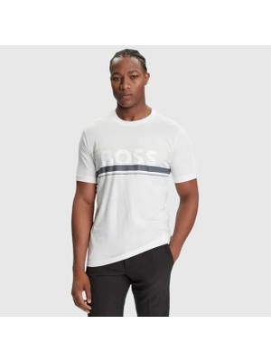 Boss Erkek Regular Fit Yuvarlak Yakalı Çizgili ve Logolu Kısa Kollu Beyaz T-Shirt 50550113-100