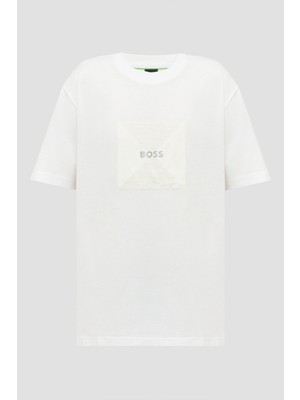 Boss Erkek Normal Kalıp Pamuklu Jarse Kumaş Dokulu Logo Desenli Kısa Kollu Beyaz T-Shirt 50538096-100