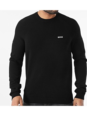 Boss Erkek Marka Logolu Uzun Kollu Slim Fit Siyah Kazak 50528739-001