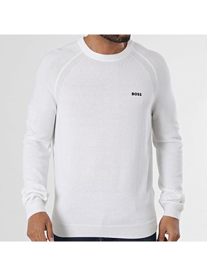 Boss Erkek Marka Logolu Uzun Kollu Slim Fit Beyaz Kazak 50528739-100