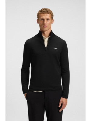 Boss Erkek Regular Fit Fermuarlı Dik Yaka %100 Pamuklu Uzun Kollu Siyah Kazak 50541965-001