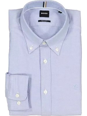 Boss Erkek Normal Kalıp %100 Pamuklu Monogram Logolu Uzun Kollu Mavi Gömlek 50544955-450