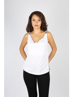 Ysatiss Kadın Normal Kalıp Kayık Yaka Metalik Deniz Kabuğu Aksesuarlı Beyaz Bluz 2525.5000128-BEYAZ