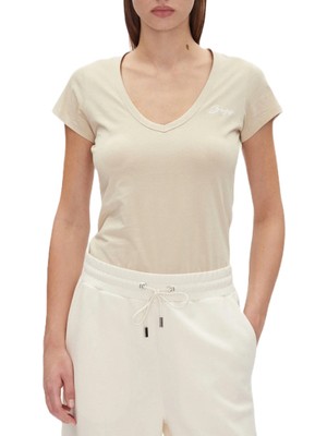Boss Kadın Dar Kalıp %100 Pamuklu V Yaka Kısa Kollu Bej T-Shirt 50540432-287