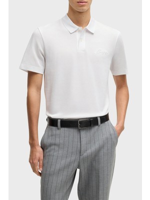 Boss Erkek Normal Kesim Merserize Pamuklu Yazılı Logolu Kısa Kollu Beyaz Polo Yaka T-Shirt 50531402-100