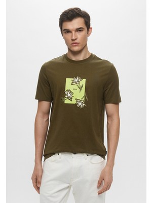Boss Erkek Kısa Kol Bisiklet Yaka Çiçek Desenli Pamuklu Yeşil T-Shirt 50536763-303