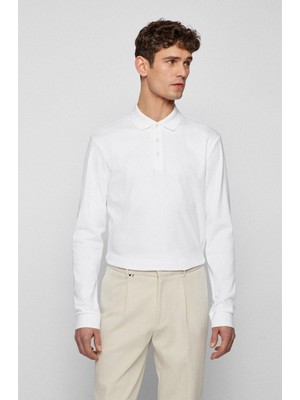 Boss Erkek Pamuklu Polo Yakalı Düğme Kapamalı Uzun Kollu Beyaz Polo Yaka T-Shirt 50468392-100
