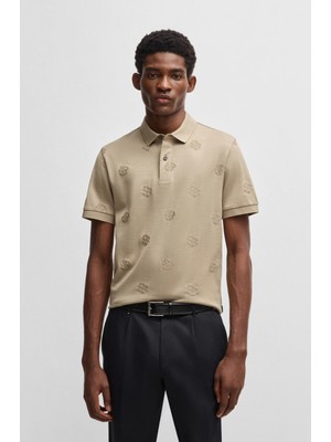 Boss Erkek Normal Kesim Monogram Logo Baskılı %100 Pamuklu Kısa Kollu Bej Polo Yaka T-Shirt 50532765-275