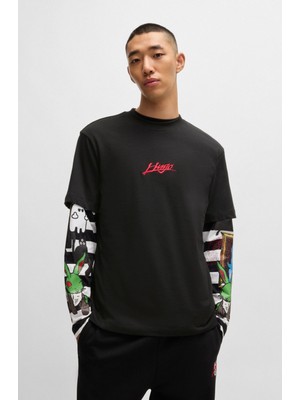 Hugo Erkek Yuvarlak Yaka Çift Logolu Kısa Kollu Siyah T-Shirt 50527926-001