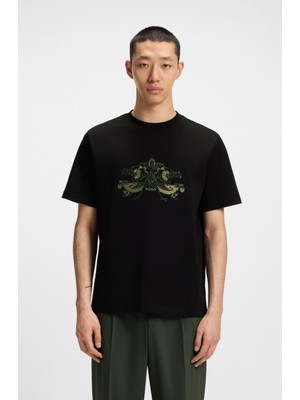 Hugo Erkek Rahat Kalıp Yuvarlak Yakalı %100 Pamuk Işleme Desenli Kısa Kollu Siyah T-Shirt 50544543-001