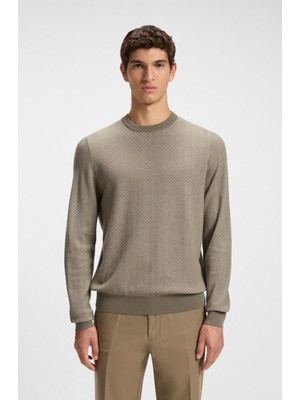 Boss Erkek Saf Yün ve Pamuk Karışımlı Normal Kalıp Balıksırtı Dokulu Açık Kahve Kazak 50549985-245