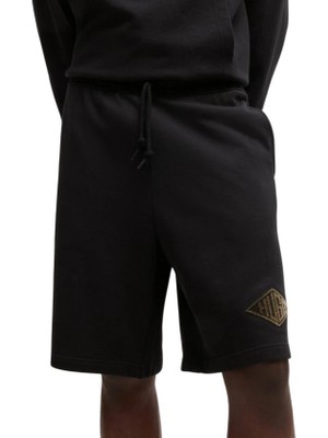 Erkek Bel Lastikli Kısa Boy Hugo Yazı Desenli Dokuma Siyah Şort 50534953-001