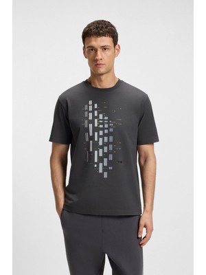 Boss Erkek Bisiklet Yaka Kısa Kollu Desenli Vücudu Sarmayan Rahat Gri T-Shirt 50543808-027