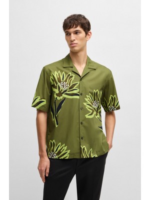Boss Erkek Rahat Kesim Çiçek Desenli Pamuklu Kısa Kollu Yeşil Gömlek 50540851-311
