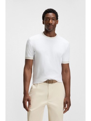 Boss Erkek Bisiklet Renk Detaylı Yaka Dar Kesim Kısa Kol Beyaz T-Shirt 50543858-100