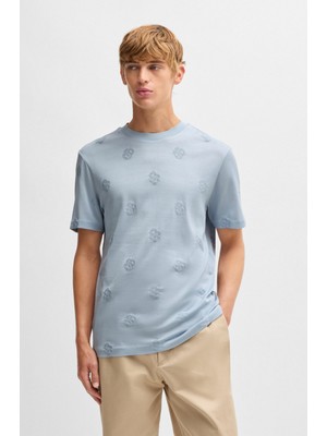 Boss Erkek Regular Fit Yuvarlak Yaka Monogram Logo Işlemeli %100 Pamuklu Kısa Kollu Mavi T-Shirt 50532753-454