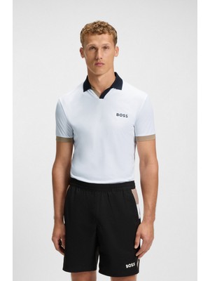 Boss Erkek Dar Kalıp Renk Bloklu Nefes Alabilen Kumaş Kısa Kollu Beyaz Polo Yaka T-Shirt 50543348-100