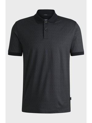 Boss Erkek Desenli Polo Yaka Marka Logolu Kısa Kol Siyah-Gri Polo Yaka T-Shirt 50518877-002