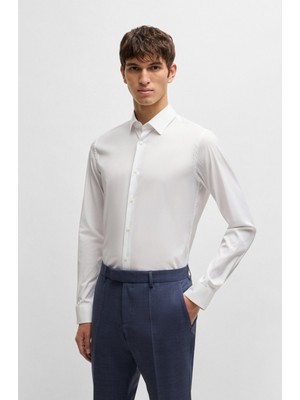 Boss Erkek Kolay Ütülenebilir Pamuk Karışımlı Dar Kesim Uzun Kollu Beyaz Gömlek 50480085-100