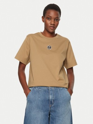 Hugo Kadın %100 Pamuklu Logo Detaylı Bisiklet Yaka Kısa Kollu Bej T-Shirt 50526205-261