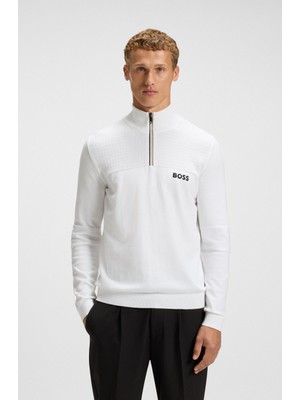 Boss Erkek Normal Kalıp Su Tutmayan Pamuk Karışımlı Yarım Fermuarlı Beyaz Kazak 50541953-100