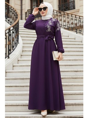 Kemerli Mor Tesettür Elbise 30550MOR