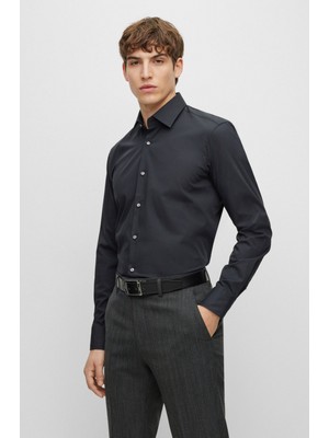 Boss Erkek Marka Logolu Düğmeli Gömlek Yaka Uzun Kollu Siyah Gömlek 50473265-001