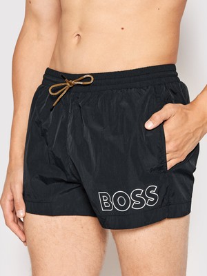 Erkek Boss Yazı Desen Bel Bağlamalı Kısa Boy Siyah Mayo 50469280-005