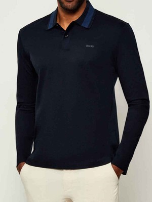 Boss Erkek Normal Kalıp Logo Işlemeli %100 Pamuklu Uzun Kollu Lacivert Polo Yaka T-Shirt 50549257-405