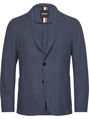Boss Erkek Slim Fit Çentikli Yaka Çizgi Desenli Yünlü Mavi Ceket 50535015-425