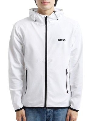 Boss Erkek Normal Kalıp Lastikli Kapüşonlu Hızlı Kuruyan Esnek Kumaş Uzun Kollu Beyaz Sweatshirt 50542948-100