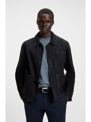 Boss Erkek Regular Fit Cep Detaylı Gömlek Yaka Pürüzsüz Süet Lacivert Ceket 50543204-404