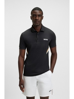 Boss Erkek Nem Yönetimi Sağlayan Aktif Kumaş Dar Kalıp Marka Imza Çizgili Kısa Kollu Siyah Polo Yaka T-Shirt 50543349-001