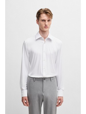 Boss Erkek Dar Kesim Dokulu Organik Pamuklu Esnek Kumaş Uzun Kollu Beyaz Gömlek 50533400-100