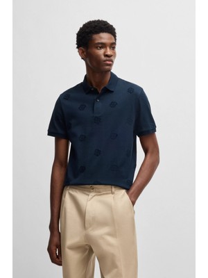 Boss Erkek Normal Kesim Monogram Logo Baskılı %100 Pamuklu Kısa Kollu Lacivert Polo Yaka T-Shirt 50532765-404