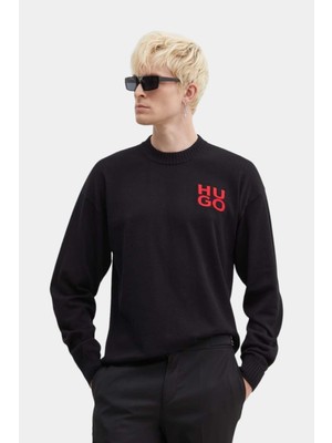 Hugo Erkek Bisiklet Yaka Regular Fit Marka Logolu Uzun Kollu Siyah Kazak 50516617-001