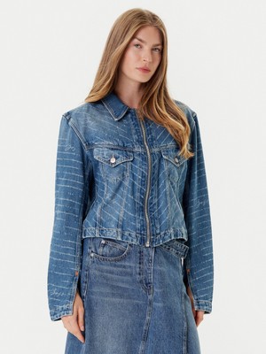 Boss Kadın Dar Kalıp Cep Detaylı Desenli Uzun Kollu Pamuklu Denim Mavi Ceket 50542426-426