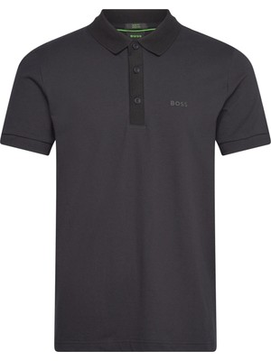 Boss Erkek Dar Kalıp Yakası Kontrast Renk Geçişli Pamuklu Kısa Kollu Siyah Polo Yaka T-Shirt 50538100-001