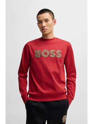 Erkek Normal Kesim Yuvarlak Yaka %100 Pamuklu Büyük Boss Kabartmalı Uzun Kollu Kırmızı Sweatshirt 50533817-629
