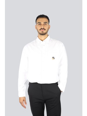 Boss Erkek %100 Pamuklu Logo Desenli Uzun Kollu Beyaz Gömlek 50545572-100