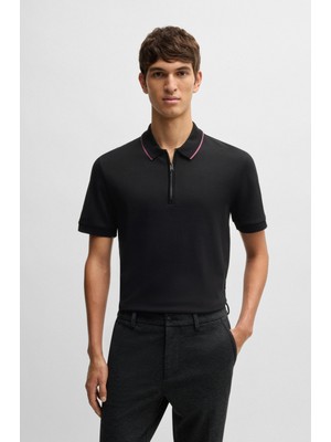 Boss Erkek Regular Fit %100 Pamuklu Kısa Kollu Fermuarlı Siyah Polo Yaka T-Shirt 50532612-002