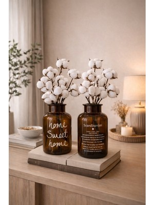 Penthouse 2 Adet Amber Cam Dekoratif Vazo Scandinavian ve Home Sweet Home+Pamuk Çiçeği Hediye