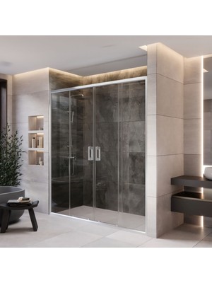 Monaqua Arteko Duşakabin Ön Cephe, 2 Sabit 2 Kayar - Parlak Eloksal Alüminyum Profil - Şeffaf 5mm Cam