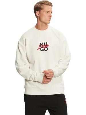 Hugo Erkek Pamuklu Uzun Kollu Çift Logolu Beyaz Sweatshirt 50521081-101