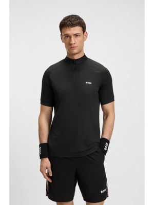 Boss Erkek Esnek ve Çabuk Kuruyan Kumaş Fermuarlı Dik Yakalı Kısa Kollu Siyah Polo Yaka T-Shirt 50543350-001