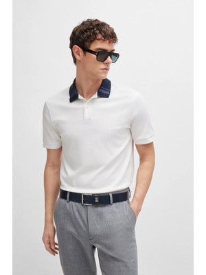 Boss Erkek Kısa Kol Düğme Kapamalı Yaka Desenli Beyaz Polo Yaka T-Shirt 50521127-100