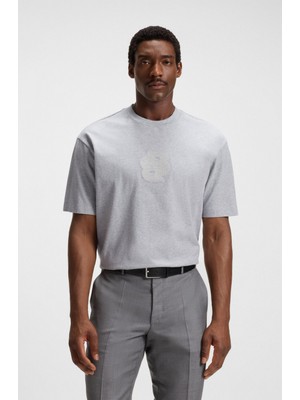 Boss Erkek Rahat Kalıp Yuvarlak Yakalı Çift Logo Detaylı %100 Pamuklu Kısa Kollu Gri T-Shirt 50549112-072